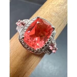 Sterling Silver Peach Red Quartz Doublet & Pink Tourmaline Ring 8.75
